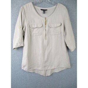 Ellen Tracy Womens Medium Linen Top Beige Tassel Zip Coastal Lagenlook Pockets
